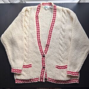 Vintage Varsity Cable Knit Oversized Chunky Cardigan Wool Blend Large